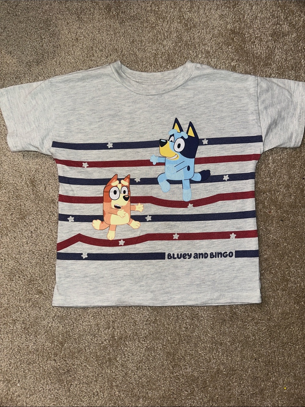 Bluey and Bingo Kids Short Sleeve Tee - Light Gray with Blue & Red
